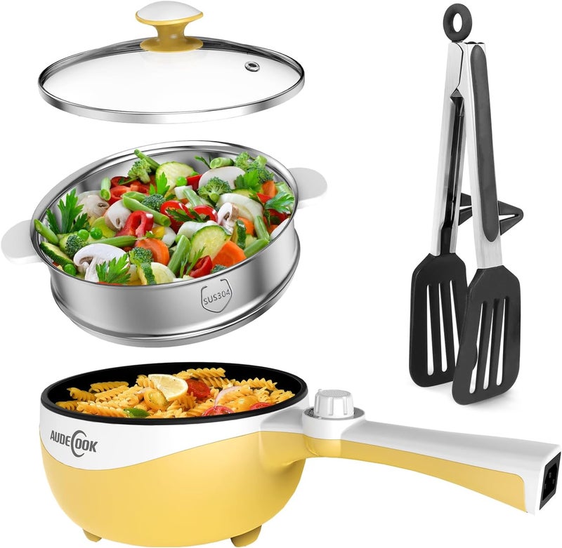 Audecook Hot Pot Electric, 1.7L Mini Electric Skillet Portable Nonstick Sauté Pan with Power Adjustment, Ramen Cooker Travel Multicooker for Steak/Soup/Egg/Oatmeal/Noodles (Tongs for Cooking Included) - Image 1